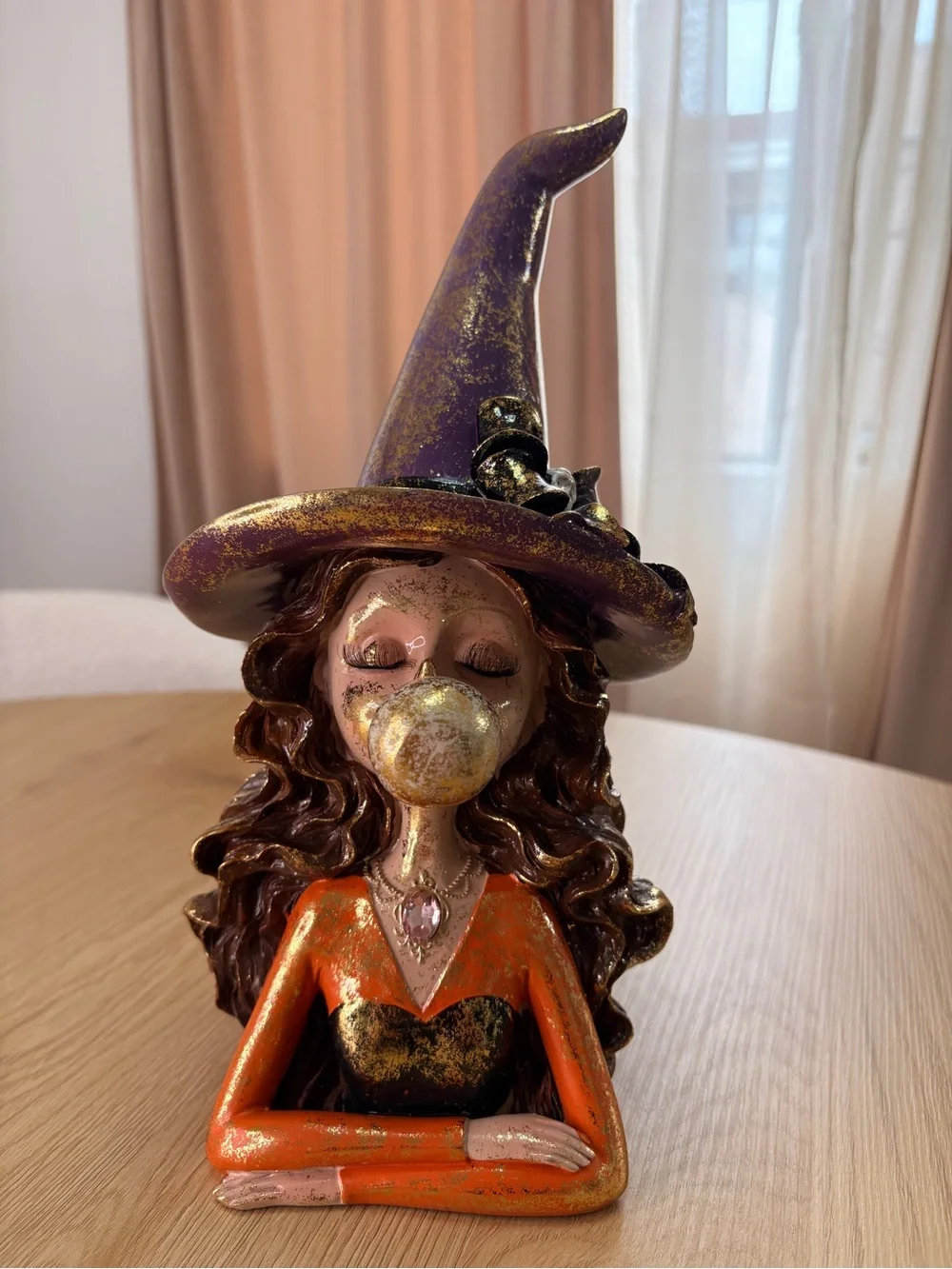 HALLOWEEN Whismical Witch Figurine with Orange Dress and Purple Multicolor hat